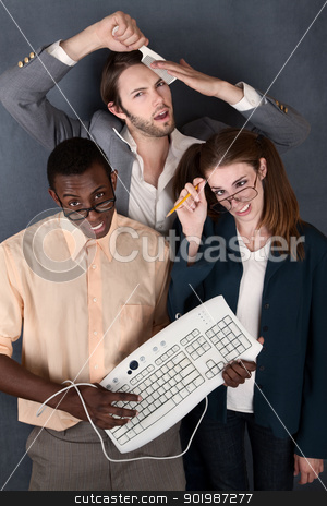 To use this stock image in your creative project, please select the size you need over to the right and click the "Add to Cart" button.
Your downloaded image will come with the Cutcaster watermark removed so don’t worry about the watermark you see on this page. Trio of Odd Adults stock photo, Geeks with keyboard, salesman comb and pencil making faces by Scott Griessel