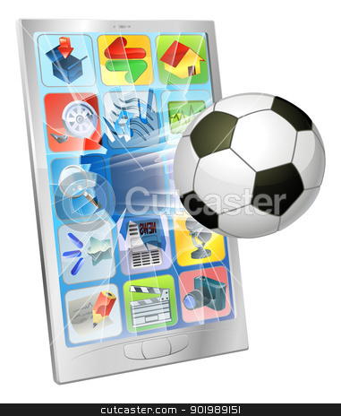 To use this stock image in your creative project, please select the size you need over to the right and click the "Add to Cart" button.
Your downloaded image will come with the Cutcaster watermark removed so don’t worry about the watermark you see on this page. Soccer ball flying out of mobile phone stock vector clipart, Illustration of an soccer football ball flying out of mobile phone screen by Christos Georghiou