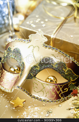 To use this stock image in your creative project, please select the size you need over to the right and click the "Add to Cart" button.
Your downloaded image will come with the Cutcaster watermark removed so don’t worry about the watermark you see on this page. Christmas composition stock photo, Carnival mask and Christmas decorations by klenova