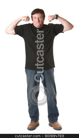 To use this stock image in your creative project, please select the size you need over to the right and click the "Add to Cart" button.
Your downloaded image will come with the Cutcaster watermark removed so don’t worry about the watermark you see on this page. Strong Man stock photo, Mature Caucasian man over white background shows off biceps by Scott Griessel
