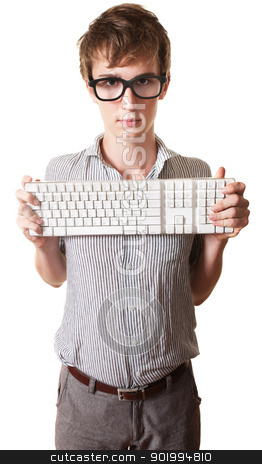 To use this stock image in your creative project, please select the size you need over to the right and click the "Add to Cart" button.
Your downloaded image will come with the Cutcaster watermark removed so don’t worry about the watermark you see on this page. Teen Holds Computer Keyboard stock photo, Young Caucasian man holds computer keyword over white background by Scott Griessel