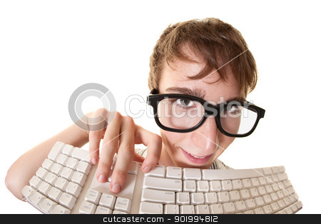 To use this stock image in your creative project, please select the size you need over to the right and click the "Add to Cart" button.
Your downloaded image will come with the Cutcaster watermark removed so don’t worry about the watermark you see on this page. Nerd With Keyboard stock photo, Teen smiles behind a computer keyboard over white background by Scott Griessel