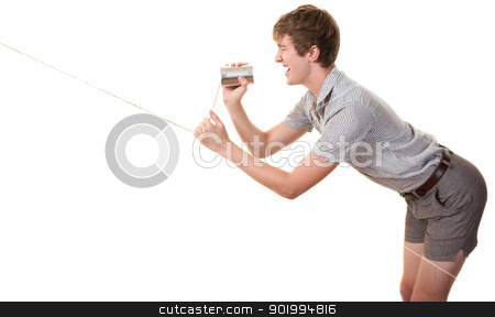 To use this stock image in your creative project, please select the size you need over to the right and click the "Add to Cart" button.
Your downloaded image will come with the Cutcaster watermark removed so don’t worry about the watermark you see on this page. Teen Yells In Can stock photo, Skinny Caucasian man speaks on tin can phone over white background by Scott Griessel