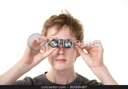 To use this stock image in your creative project, please select the size you need over to the right and click the "Add to Cart" button.
Your downloaded image will come with the Cutcaster watermark removed so don’t worry about the watermark you see on this page. Young Jeweler stock photo, Young Caucasian man peers through jeweler's glasses over white background by Scott Griessel