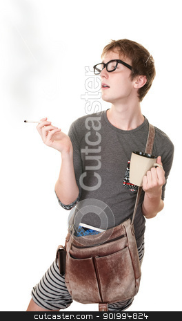 To use this stock image in your creative project, please select the size you need over to the right and click the "Add to Cart" button.
Your downloaded image will come with the Cutcaster watermark removed so don’t worry about the watermark you see on this page. Teen Smoking Cigarette stock photo, Teen with messenger bag and mug smokes a cigarette by Scott Griessel