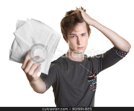 To use this stock image in your creative project, please select the size you need over to the right and click the "Add to Cart" button.
Your downloaded image will come with the Cutcaster watermark removed so don’t worry about the watermark you see on this page. Student with Bills stock photo, Unhappy young Caucasian man holds documents over white background by Scott Griessel
