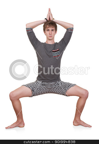To use this stock image in your creative project, please select the size you need over to the right and click the "Add to Cart" button.
Your downloaded image will come with the Cutcaster watermark removed so don’t worry about the watermark you see on this page. Young Man Exercising stock photo, Young Caucasian man exercises with hands together over head on white background by Scott Griessel