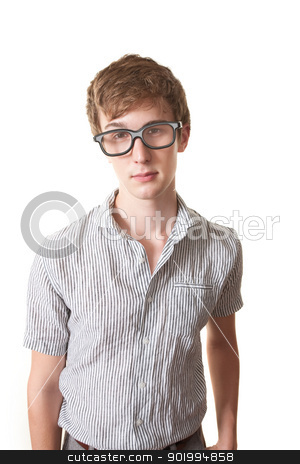 To use this stock image in your creative project, please select the size you need over to the right and click the "Add to Cart" button.
Your downloaded image will come with the Cutcaster watermark removed so don’t worry about the watermark you see on this page. Serious Nerd stock photo, Serious nerd with glasses over white background by Scott Griessel