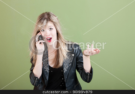 To use this stock image in your creative project, please select the size you need over to the right and click the "Add to Cart" button.
Your downloaded image will come with the Cutcaster watermark removed so don’t worry about the watermark you see on this page. Teen On Phone Call stock photo, Pretty retro-styled teen on phone call over green background by Scott Griessel