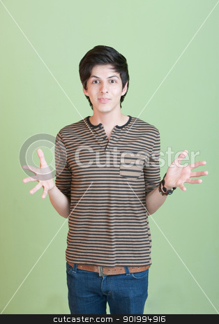 To use this stock image in your creative project, please select the size you need over to the right and click the "Add to Cart" button.
Your downloaded image will come with the Cutcaster watermark removed so don’t worry about the watermark you see on this page. Hispanic Teen with Open Arms stock photo, Hispanic teen with open hands over green background by Scott Griessel