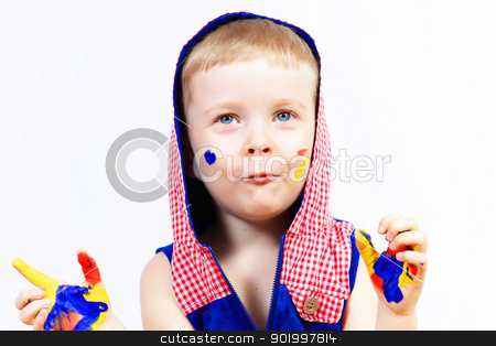 To use this stock image in your creative project, please select the size you need over to the right and click the "Add to Cart" button.
Your downloaded image will come with the Cutcaster watermark removed so don’t worry about the watermark you see on this page. happy child with paint on the hands stock photo, little child with hands painted in colorful paints ready for hand prints by Sergey Nivens