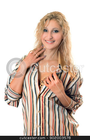 To use this stock image in your creative project, please select the size you need over to the right and click the "Add to Cart" button.
Your downloaded image will come with the Cutcaster watermark removed so don’t worry about the watermark you see on this page. Playful young blonde stock photo, Playful young blonde in a striped men's shirt by Sergii Sukhorukov