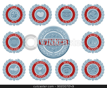 To use this stock image in your creative project, please select the size you need over to the right and click the "Add to Cart" button.
Your downloaded image will come with the Cutcaster watermark removed so don’t worry about the watermark you see on this page. Winners award badges stock vector clipart, A set of blue and red winners award badges or medallions like those awarded in test or reviews or for product descriptions by Christos Georghiou