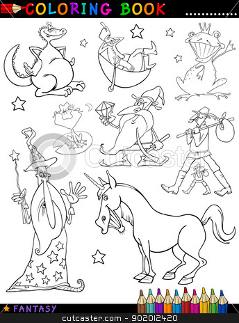 To use this stock image in your creative project, please select the size you need over to the right and click the "Add to Cart" button.
Your downloaded image will come with the Cutcaster watermark removed so don’t worry about the watermark you see on this page. Fantasy Characters for coloring stock vector clipart, Coloring Book or Page Cartoon Illustration of Wizard and Dwarf and Unicorn and Dragon Fairytale Fantasy Characters by Igor Zakowski
