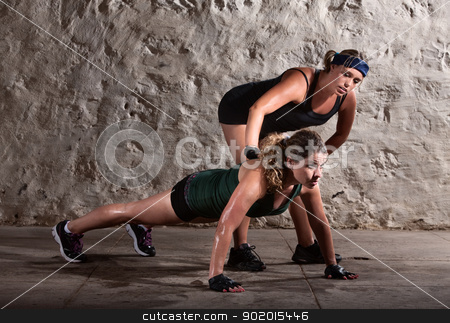 To use this stock image in your creative project, please select the size you need over to the right and click the "Add to Cart" button.
Your downloaded image will come with the Cutcaster watermark removed so don’t worry about the watermark you see on this page. Boot Camp Trainer with Woman stock photo, Bootcamp workout coach helps woman with push ups by Scott Griessel