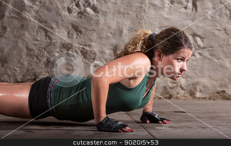 To use this stock image in your creative project, please select the size you need over to the right and click the "Add to Cart" button.
Your downloaded image will come with the Cutcaster watermark removed so don’t worry about the watermark you see on this page. Lady Does Push-ups stock photo, One beautiful young woman doing push ups indoors by Scott Griessel