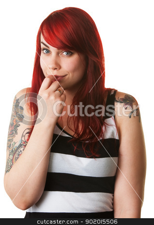 To use this stock image in your creative project, please select the size you need over to the right and click the "Add to Cart" button.
Your downloaded image will come with the Cutcaster watermark removed so don’t worry about the watermark you see on this page. Bashful Young Woman stock photo, Bashful young white female with red hair and tattoo on arms by Scott Griessel