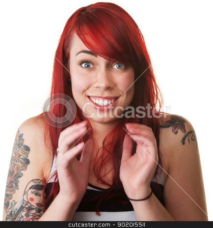 To use this stock image in your creative project, please select the size you need over to the right and click the "Add to Cart" button.
Your downloaded image will come with the Cutcaster watermark removed so don’t worry about the watermark you see on this page. Jumpy Woman with Red Hair stock photo, Jumpy young woman with red hair and tattoos by Scott Griessel
