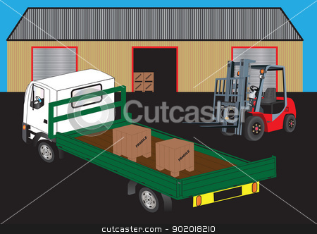 To use this stock image in your creative project, please select the size you need over to the right and click the "Add to Cart" button.
Your downloaded image will come with the Cutcaster watermark removed so don’t worry about the watermark you see on this page. Fork Lift stock vector clipart, A Red Fork Lift Truck unloading a green flatbed truck outside a warehouse by d40xboy
