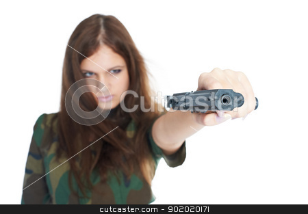 To use this stock image in your creative project, please select the size you need over to the right and click the "Add to Cart" button.
Your downloaded image will come with the Cutcaster watermark removed so don’t worry about the watermark you see on this page. Pretty woman with a gun stock photo, Sexy young woman with a gun isolated on white by Aikon