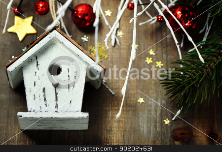 To use this stock image in your creative project, please select the size you need over to the right and click the "Add to Cart" button.
Your downloaded image will come with the Cutcaster watermark removed so don’t worry about the watermark you see on this page. christmas composition stock photo, Bright christmas composition with small birdhouse by klenova