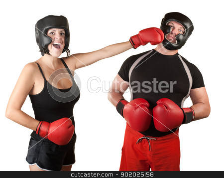 To use this stock image in your creative project, please select the size you need over to the right and click the "Add to Cart" button.
Your downloaded image will come with the Cutcaster watermark removed so don’t worry about the watermark you see on this page. Laughing Lady Boxer Punches Man stock photo, Laughing female boxer over white background punching man by Scott Griessel