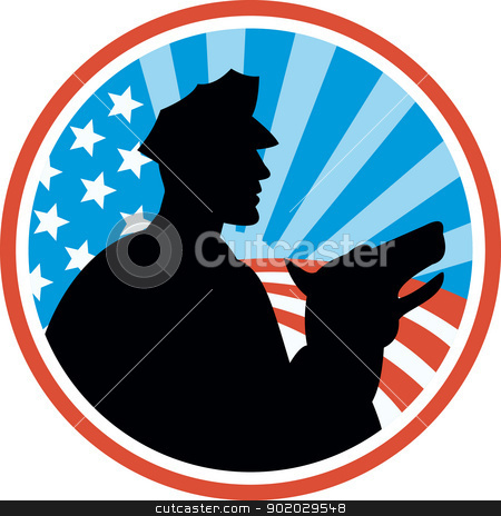 To use this stock image in your creative project, please select the size you need over to the right and click the "Add to Cart" button.
Your downloaded image will come with the Cutcaster watermark removed so don’t worry about the watermark you see on this page. Policeman Security Guard With Police Dog Retro stock vector clipart, Illustration of a policeman security guard with police dog with American stars and stripes set inside circle done in retro style. by patrimonio