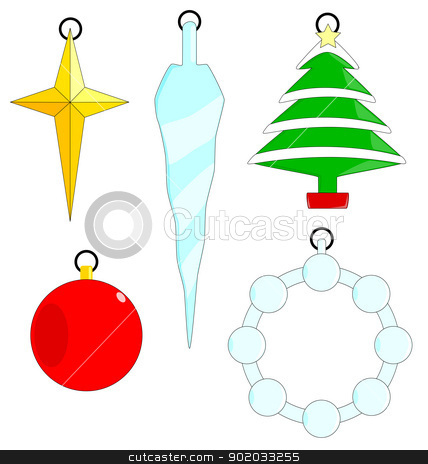 To use this stock image in your creative project, please select the size you need over to the right and click the "Add to Cart" button.
Your downloaded image will come with the Cutcaster watermark removed so don’t worry about the watermark you see on this page. Christmas Ornaments stock vector clipart, A collection of five Christmas Tree ornaments isolated on a white background. by Kotto