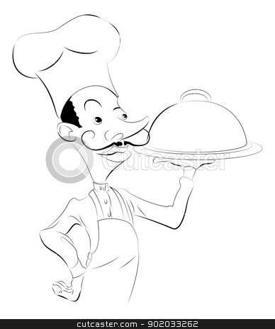 To use this stock image in your creative project, please select the size you need over to the right and click the "Add to Cart" button.
Your downloaded image will come with the Cutcaster watermark removed so don’t worry about the watermark you see on this page. Chef illustration stock vector clipart, A black and white illustration of a chef holding a silver platter or cloche by Christos Georghiou