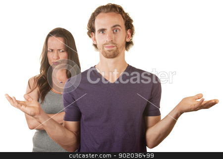 To use this stock image in your creative project, please select the size you need over to the right and click the "Add to Cart" button.
Your downloaded image will come with the Cutcaster watermark removed so don’t worry about the watermark you see on this page. Skeptical Wife and Hopeless Woman stock photo, Hopeless man with hands up and suspicious wife by Scott Griessel