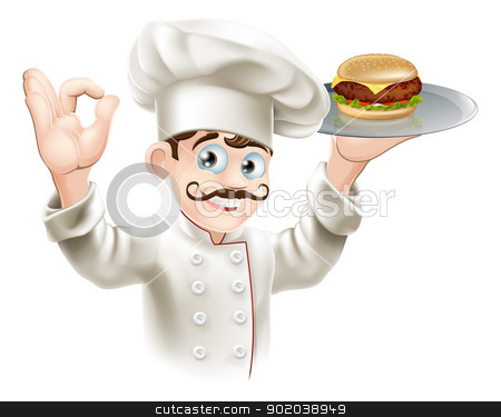 To use this stock image in your creative project, please select the size you need over to the right and click the "Add to Cart" button.
Your downloaded image will come with the Cutcaster watermark removed so don’t worry about the watermark you see on this page. Chef with burger stock vector clipart, Illustration of a chef holding a gourmet burger on a tray by Christos Georghiou