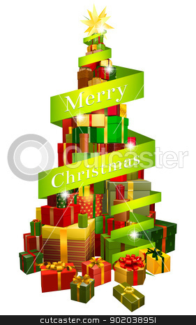 To use this stock image in your creative project, please select the size you need over to the right and click the "Add to Cart" button.
Your downloaded image will come with the Cutcaster watermark removed so don’t worry about the watermark you see on this page. Gifts tree with Merry Christmas ribbon stock vector clipart, A stack or pile of Christmas presents or gifts in the shape of a Christmas tree with a star shaped ornament or decoration on the top and a banner or scroll reading Merry Christmas round it. by Christos Georghiou