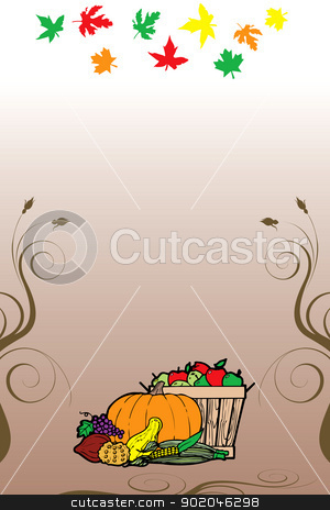 To use this stock image in your creative project, please select the size you need over to the right and click the "Add to Cart" button.
Your downloaded image will come with the Cutcaster watermark removed so don’t worry about the watermark you see on this page. Thanksgiving Background 9 stock vector clipart, Vector Illustration for Thanksgiving Fruit Vegetable Card and Fall Autumn Leaves. by Basheera Hassanali