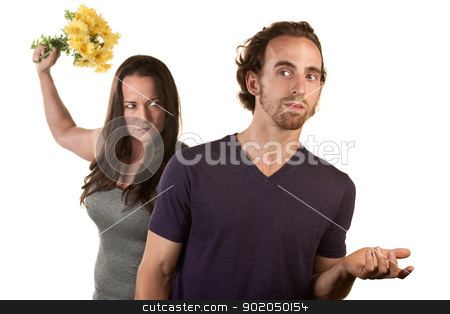 To use this stock image in your creative project, please select the size you need over to the right and click the "Add to Cart" button.
Your downloaded image will come with the Cutcaster watermark removed so don’t worry about the watermark you see on this page. Angry Woman with Flowers and Naive Man stock photo, Woman ready to throw flowers at naive white male by Scott Griessel