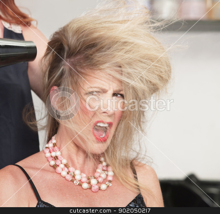To use this stock image in your creative project, please select the size you need over to the right and click the "Add to Cart" button.
Your downloaded image will come with the Cutcaster watermark removed so don’t worry about the watermark you see on this page. Woman's Hair and Blow Dryer stock photo, Picky lady with messy hair and blow dryer by Scott Griessel