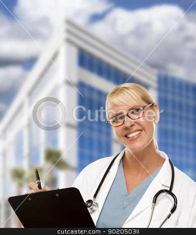 To use this stock image in your creative project, please select the size you need over to the right and click the "Add to Cart" button.
Your downloaded image will come with the Cutcaster watermark removed so don’t worry about the watermark you see on this page. Friendly Female Blonde Doctor or Nurse in Front of Building stock photo, Attractive Friendly Female Blonde Doctor or Nurse in Front of Corporate Building. by Andy Dean