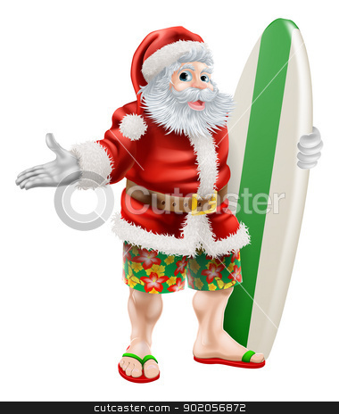 To use this stock image in your creative project, please select the size you need over to the right and click the "Add to Cart" button.
Your downloaded image will come with the Cutcaster watermark removed so don’t worry about the watermark you see on this page. Surf Santa stock vector clipart, An illustration of a cartoon Santa in beach board shorts holding a surfboard by Christos Georghiou