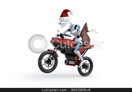 To use this stock image in your creative project, please select the size you need over to the right and click the "Add to Cart" button.
Your downloaded image will come with the Cutcaster watermark removed so don’t worry about the watermark you see on this page. Robot with Santa Hat Riding Motorcycle stock photo, Robot wearing a santa hat and riding a red motorcyle with a large bag on the back against a white background. by Glenn Price