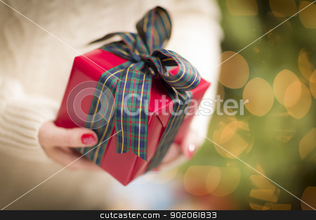 To use this stock image in your creative project, please select the size you need over to the right and click the "Add to Cart" button.
Your downloaded image will come with the Cutcaster watermark removed so don’t worry about the watermark you see on this page. Woman Wearing Seasonal Red Mittens Holding Christmas Gift stock photo, Woman Wearing A Sweater and Seasonal Red Mittens Against an Abstract Green and Golden Background Holding A Beautifully Wrapped Christmas Gift with Narrow Depth of Field. by Andy Dean