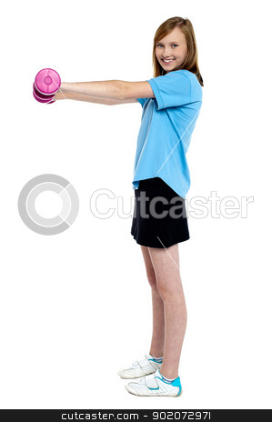 To use this stock image in your creative project, please select the size you need over to the right and click the "Add to Cart" button.
Your downloaded image will come with the Cutcaster watermark removed so don’t worry about the watermark you see on this page. Pretty teen working out with pink dumbbells stock photo, Pretty teen working out with pink dumbbells. Standing sideways, isolated against white. by Ishay Botbol