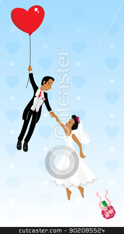 To use this stock image in your creative project, please select the size you need over to the right and click the "Add to Cart" button.
Your downloaded image will come with the Cutcaster watermark removed so don’t worry about the watermark you see on this page. Just married black couple flying with a heart shaped balloon stock vector clipart, Just married black couple flying with a heart shaped balloon. Highly detailed vector image. by Augusto Cabral Graphiste Rennes