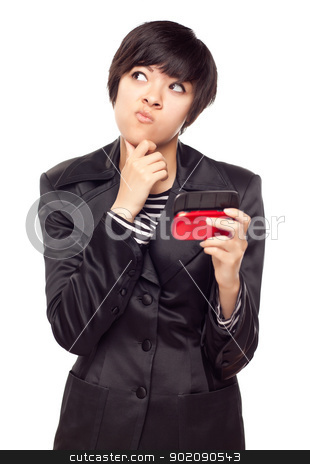 To use this stock image in your creative project, please select the size you need over to the right and click the "Add to Cart" button.
Your downloaded image will come with the Cutcaster watermark removed so don’t worry about the watermark you see on this page. Pensive Young Mixed Race Woman with Cell Phone on White stock photo, Pensive Young Mixed Race Woman Holding Her Mobile Phone and Looking to the Side Isolated on a White Background. by Andy Dean