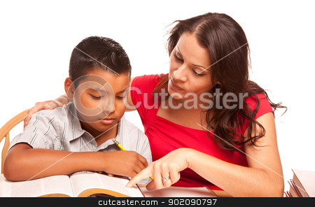 To use this stock image in your creative project, please select the size you need over to the right and click the "Add to Cart" button.
Your downloaded image will come with the Cutcaster watermark removed so don’t worry about the watermark you see on this page. Attractive Hispanic Mother and Son Studying stock photo, Attractive Hispanic Mother and Son Studying Isolated on a White Background. by Andy Dean