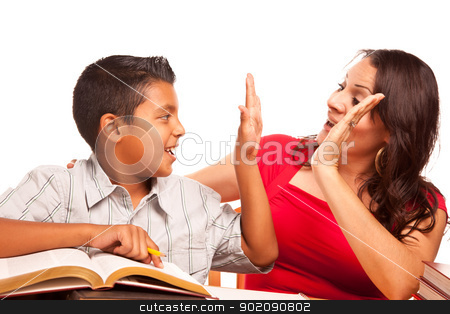 To use this stock image in your creative project, please select the size you need over to the right and click the "Add to Cart" button.
Your downloaded image will come with the Cutcaster watermark removed so don’t worry about the watermark you see on this page. Attractive Hispanic Mother and Son Studying stock photo, Attractive Hispanic Mother and Son Studying Isolated on a White Background. by Andy Dean