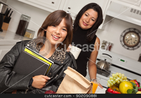 To use this stock image in your creative project, please select the size you need over to the right and click the "Add to Cart" button.
Your downloaded image will come with the Cutcaster watermark removed so don’t worry about the watermark you see on this page. Pretty Hispanic Girl Ready for School with Mom stock photo, Pretty Hispanic Girl and Mother Getting Ready for School in the Kitchen. by Andy Dean