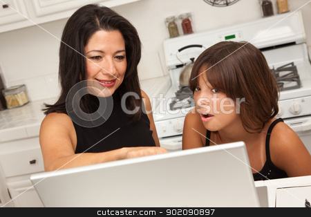 To use this stock image in your creative project, please select the size you need over to the right and click the "Add to Cart" button.
Your downloaded image will come with the Cutcaster watermark removed so don’t worry about the watermark you see on this page. Hispanic Mother and Mixed Race Daughter on the Laptop stock photo, Attractive Hispanic Mother and Mixed Race Daughter in the Kitchen using the Laptop Computer Together. by Andy Dean