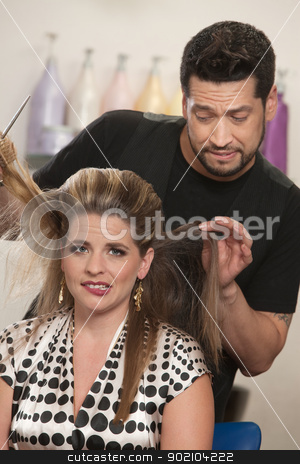 To use this stock image in your creative project, please select the size you need over to the right and click the "Add to Cart" button.
Your downloaded image will come with the Cutcaster watermark removed so don’t worry about the watermark you see on this page. Embarrassed Woman with Hairdresser stock photo, Attractive female with hair problem and embarrassed hair stylist by Scott Griessel