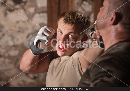 To use this stock image in your creative project, please select the size you need over to the right and click the "Add to Cart" button.
Your downloaded image will come with the Cutcaster watermark removed so don’t worry about the watermark you see on this page. Attacker Throws Jabs at Opponent stock photo, Aggressive fighter throwing jab punches at opponent by Scott Griessel