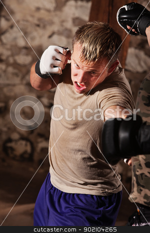 To use this stock image in your creative project, please select the size you need over to the right and click the "Add to Cart" button.
Your downloaded image will come with the Cutcaster watermark removed so don’t worry about the watermark you see on this page. Mixed Martial Artists Sparring stock photo, Aggressive mixed martial artist throwing punches by Scott Griessel