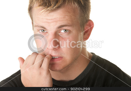 To use this stock image in your creative project, please select the size you need over to the right and click the "Add to Cart" button.
Your downloaded image will come with the Cutcaster watermark removed so don’t worry about the watermark you see on this page. Handsome Blond Man stock photo, Worried young Caucasian man biting pinky fingernail by Scott Griessel